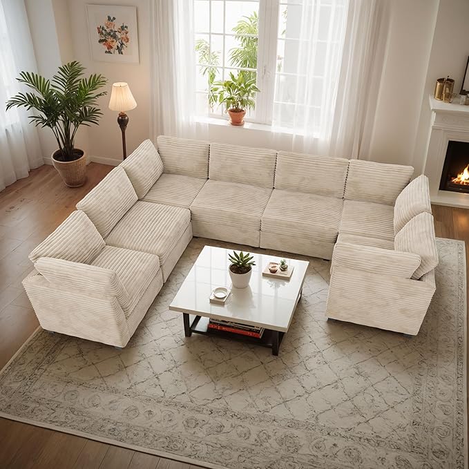 CAODOC Large 7 Seat Modular Sectional Sofa with Ottoman Seat Corduroy Sleeper Sectional Sofa Bed Oversized Convertible Modular Couch for Living Room
