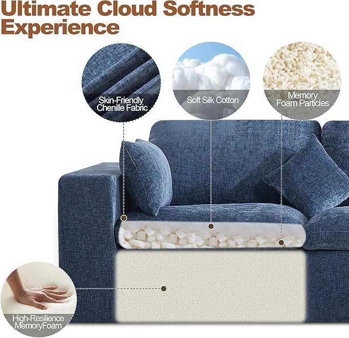 155''Cloud Boneless Sectional Couch, Modular Sectional Sofa Deep Seat, Oversized Upholstered Convertible Comfy 4 Seater Chenille Memory Foam Sofa Couches for Living Room, Blue