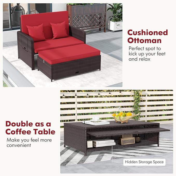 RELAX4LIFE Wicker Patio Outdoor Daybed - Rattan Day Bed Lounger with Loveseat & Storage Ottoman, Sunbed Sofa Set w/Cushions, 4-Level Adjustable Backrest & 2 Retractable Trays, Patio Daybed (Red)