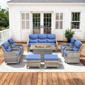Luxury Patio Furniture Set with 42.5" Fire Pit Table, 8 Pieces High Back All Weather Wicker Outdoor Furniture w/ 6-Inch Thick Cushions, Patio Swivel Chairs Couch for Deck Balcony Backyard Grey/Blue
