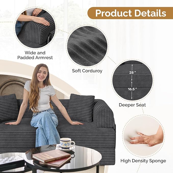 Convertible Coarser Corduroy Sleeper Sofa Bed with Cylindrical Pillow, Folding Mattress Couch with Fixed-Shape Frame, Floor Sofa Lounge Couch for Living Room Bedroom Lounge Studio, Dark Grey