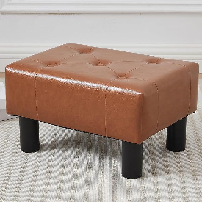 FIMIVIBI Small Foot Stool Ottoman, Faux Leather Footstool Ottoman Foot Rest for Couch, Rectangle Footstools and Ottomans Small for Living Room, Entryway and Bedroom (Bright Brown)