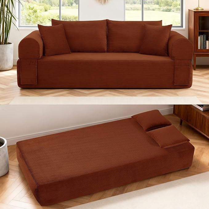 GJQ 3 Seater Couch for Living Room,83" Sofa in a Box,Cloud Sofa Bed with Tufted Cushion & Backrest, Corduroy Boneless Couch Upholstered Floor Sofa with Storage Pockets,No Assembly Required,Orange