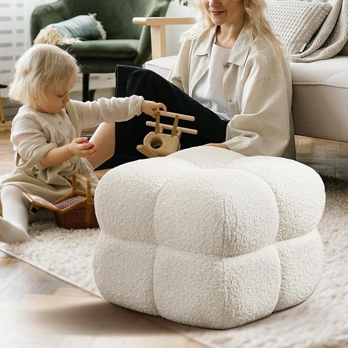 Zesthouse Square Pouf Ottoman, Modern Ottoman Coffee Table for Living Room, Fuzzy Sherpa Couch Foot Rest, Upholstered Tufted Cube Stool for Couch, White
