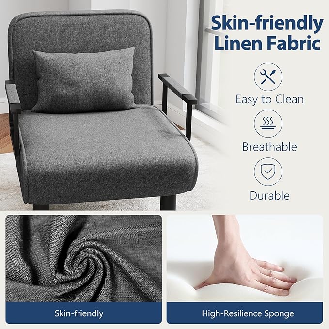 Furniliving 4 in 1 Folding Sofa Bed Chair, Convertible Sleeper Chair Bed with 6-Position Adjustable Backrest, Upholstered Chaise Lounge with Pillow, Accent Chairs for Bedroom, Linen, Darkgrey, 2