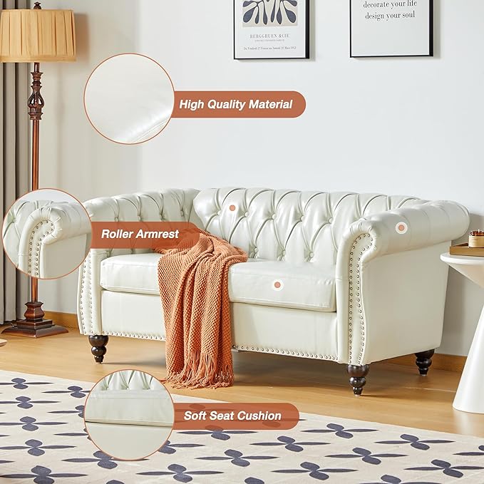 QHITTY Accent Sofa, Chesterfield Loveseat Modern Faux Leather Couch Upholstered Sofa with Tufted Back for Living Room Furniture (White)