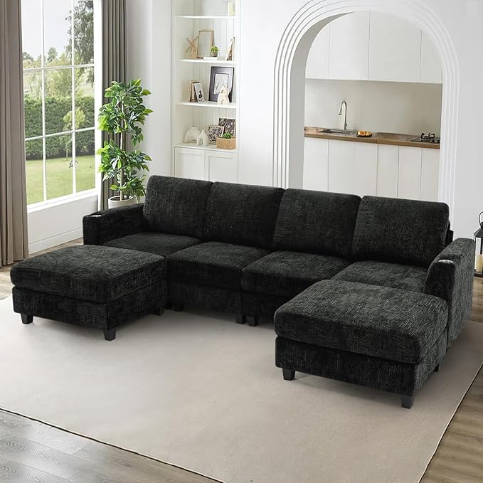 Lesofair 110" Chenille U-Shape Sofa with Flexible Ottomans, Comfy Sectional Sofa with 2 Built-in Cup Holders, Convertible 4 Seats Couch with Well-Filled Back Cushions for Living Room, House, Black