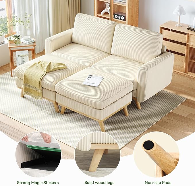 Vesgantti 68" Loveseat Sofa with Movable Ottoman, Comfy Corduroy Couch with Spring Cushion, Sofa Couch with Solid Wood, Modern Office Sofa with Deep Seat for Living Room and Bedroom, Beige