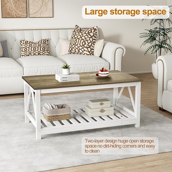 UYIHOME Farmhouse Coffee Table for Living Room, 2-Tier Rectangular Wooden Centre Cocktail Table with Slats Shelf Storage and V-Shaped Frame (Walnut Top)