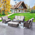 Outdoor Patio Furniture Sofa Set - 7 Piece Rattan Wicker Patio Sectional Conversation Sets with 1 Sofa,1 Loveseat,1 Coffee Table,2 Armrest Chairs and 2 Ottomans for Porch Deck Garden(Brown/Beige)