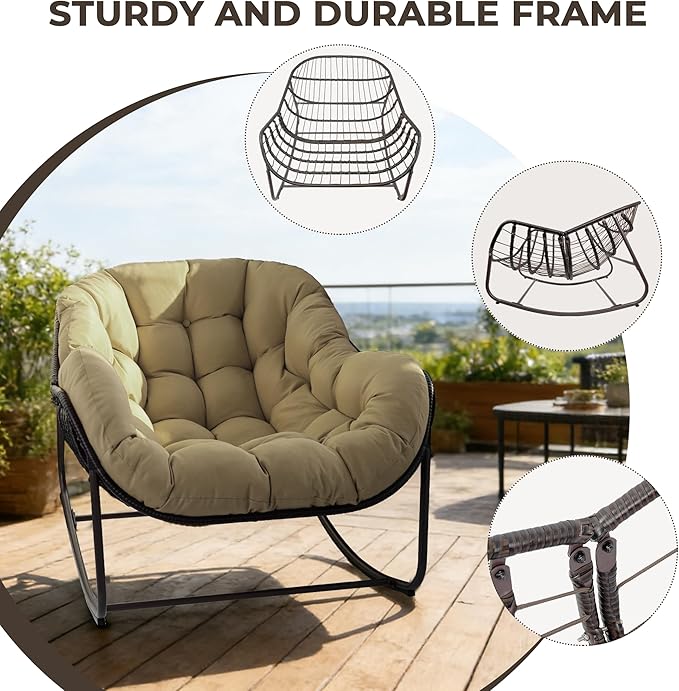 Sgentle Papasan Rocking Chair Outdoor, Oversized Patio Rocking Chair with Cushions & Steel Frame, Wicker Egg Lounge Chair Indoor, Comfy Reading Chair for Patio, Deck, Porch (Khaki, Style 1)