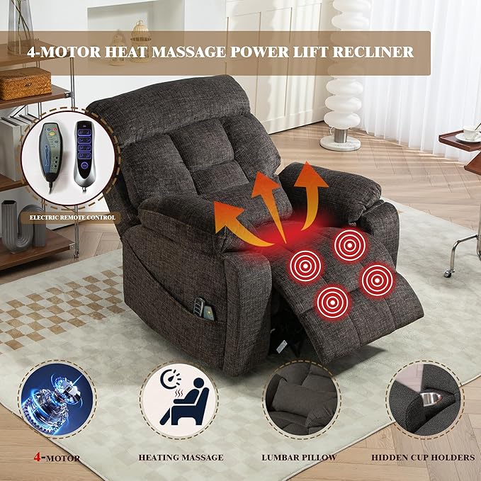 Lay Flat Power Lift Recliner Chair, | 400lbs | 25.5in Extra Wide | 4-Motor | Heat, Massage, Hidden Cup Holder, Sleeping | Big Man, Elderly (Charcoal Grey)