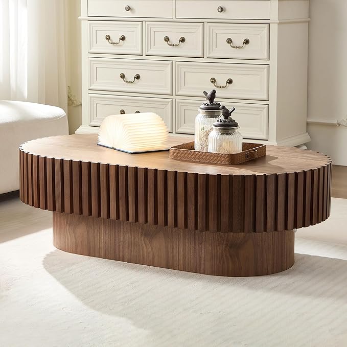 KEVINSPACE Oval Coffee Table 43.7" Wood CoffeeTable for Living Room Drum ModernCoffeeTable TeaTable Wooden Coffee Tables PedestalCoffeeTable Home Furniture Office Apartment Walnut