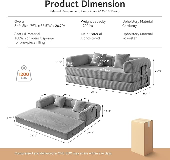 ZQRhome 79" 5-in-1 Convertible Sofa Bed, Deluxe Sleeper with Pillows & Sturdy Base, Easy Setup Corduroy Couch for Modern Living Space & Small Apartment, Light Gray