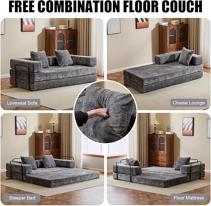 77" Convertible Foldable Floor Couch, 3-Seat Futon Sleeper Sofa for Living Room, Bedroom, or Apartment, with Pillow Backrest and Armrests, Chenille Fabric, No Assembly Required, Dark Grey