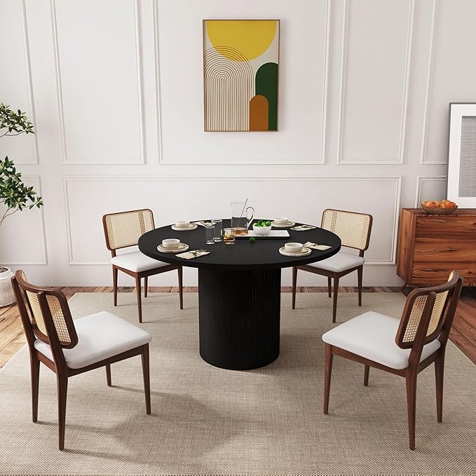 47 Inch Round Dining Table, Farmhouse Fluted Dining Kitchen Table, Modern Wood Small Circle Dining Table for Kitchen Living Room, Black