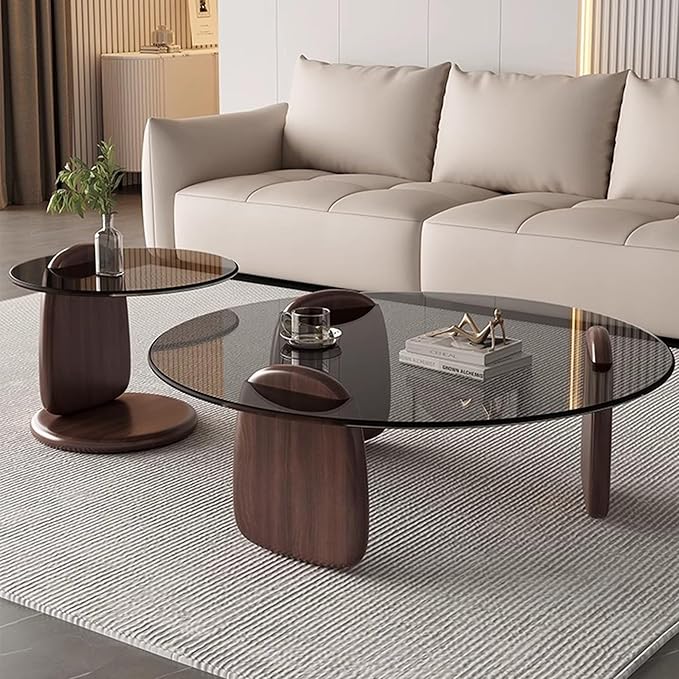 EASYSOUL Modern Round Coffee Table with Glass Top, 27.56" D x 27.56" W x 14.69" H, Circular Tea Tables for Living Room Home Office Industrial Cocktail Tables (Walunt-Grey Glass/27.56")