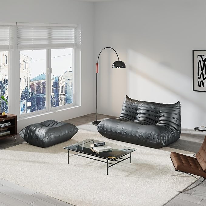 Comfy Lazy Floor Sofa Couch,Soft Armless Chair,Faux Leather Lounge Chair,Corner Relax Sofa Couch for Living Room Bedroom,Salon Office,Adults(Black+2P+ Ottoman)