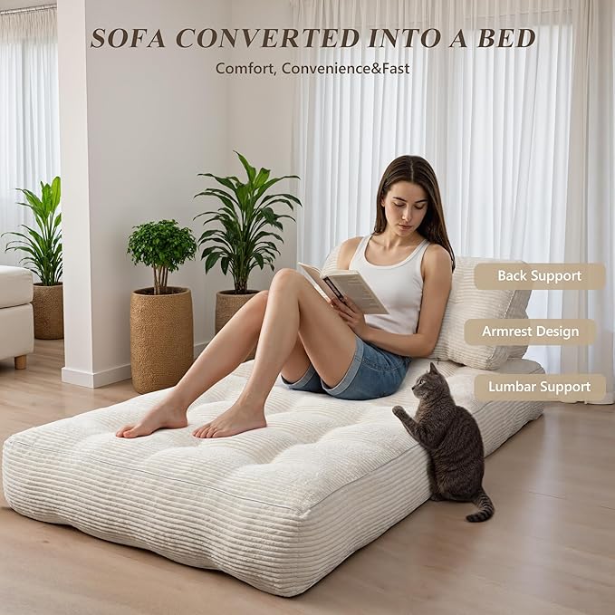 Folding Sofa Bed,Convertible Sleeper Chair for Adults, Folding Sofa Bed Foam Filling Couch with Pillow，Sleeper Chairs Single Size Floor Mattress,White