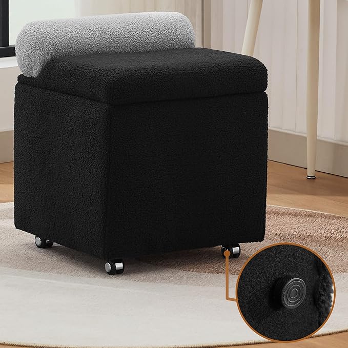 Boucle Vanity Chair with Storage, Swivel Vanity Stool with Safety Hinge, Upholstered Makeup Chair with Wheels, Square Ottoman Stool for Living Room, Dressing, Bedroom, Black