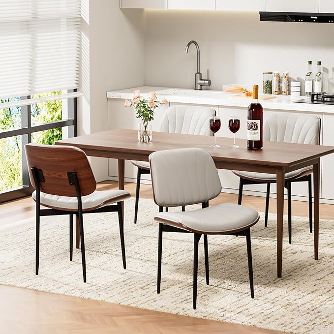 Dining Chairs Set of 6, Mid-Century Modern Upholstered PU Leather Chairs with Walnut Bentwood Back and Metal Legs Adjustable Feet for Kitchen Dining Room, Off-White Shell Strips