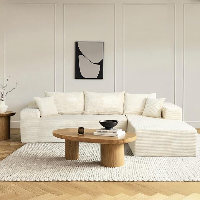 Sectional Cloud Boneless Couch for Living Room Bedroom, Comfy Modern L Shaped Modular Sofa with Right Facing Chaise, Deep Seat Memory Foam Couch in Box, No Assembly (Fine Striped Corduroy, Beige)