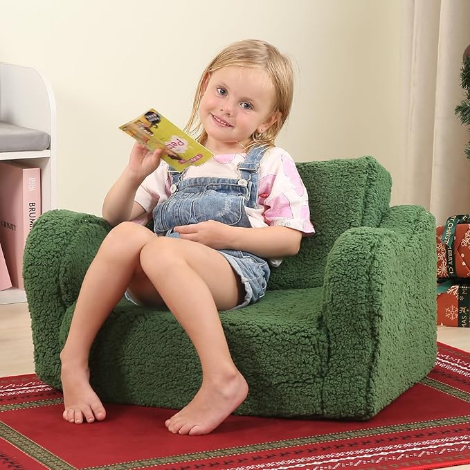 Kids Sofa, 2-in-1 Flip-Out Foam Couch with Soft Sherpa Cover, Cozy Play Lounge Chair, Green