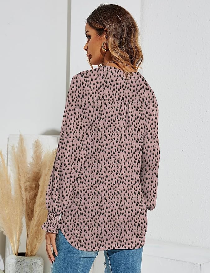 Romanstii Women's Casual V-Neck T-Shirts Loose Puff Long Sleeve Tops Tunic Blouses