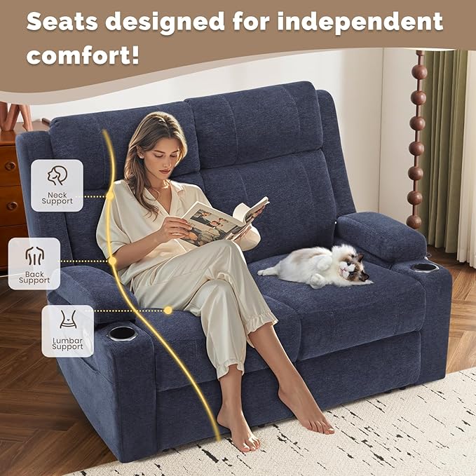 PALLOME Manual Reclining Loveseat Sofa, 2-Seater Recliner Couch with Cup Holders, Fabric Reclining Sofa for Living Room/RV (Blue)