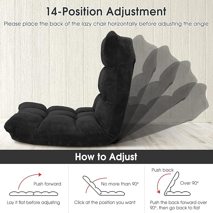 KOMFOTT 14-Position Adjustable Floor Chair With Back Support, Folding Padded Gaming Sofa for Reading, Meditation, Living Room Lazy Lounge, Video Gaming - Black