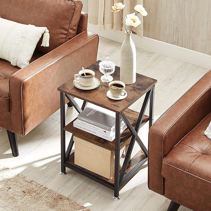 TooCust Square End Table with Storage Shelf, 16" D X 16" W X 24" H, 3-Tier End Table Living Room, Rustic Brown End Tables, X-Shaped Night Stand for Bedroom, Farmhouse Wood End Tables
