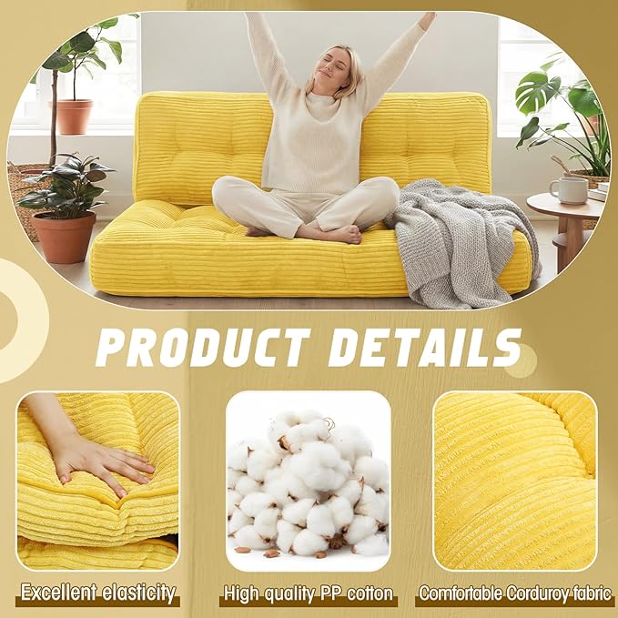 Vercraft 63 Inch Folding Bench Cushion, 4 Inch Thick 2-in-1 Convertible Long Floor Lounger Boneless Cushions Couch Mattress Upholstered for Yoga, Reading, Sleeping, Meditation Living Room(Yellow)