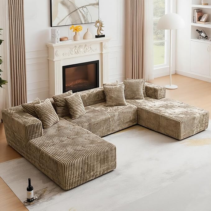 130'' U Shaped Couched for Living Room, Cloud Modular Sectional Couch with 2 Chaise Lounge, Modern Minimalist Upholstered Sofa Sleeper Deep Seat Corner Couch, No Assembly Required Light Coffee