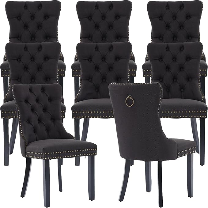 YeahFurn Black Mid Century Modern Dining Chairs Set of 8, Linen Upholstered Kitchen & Dining Room Chairs with Nailhead Trim & Solid Wood Legs, Elegant Sillas De Comedor (Black, 8 Pcs)