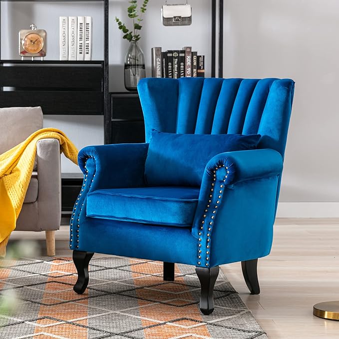 DM Furniture Mid Century Accent Chair Modern Tufted Wingback Armchair Club Chair Velvet Single Sofa Lounge Chair with Pillow for Living Room Bedroom, Blue