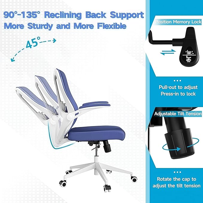 Ergonomic Office Chair - 400LB Comfy Desk Chairs with Lumbar Back Support, Mesh Computer Chairs with Wheels and Arms for Home Office, Study (Blue-Without Headrest)