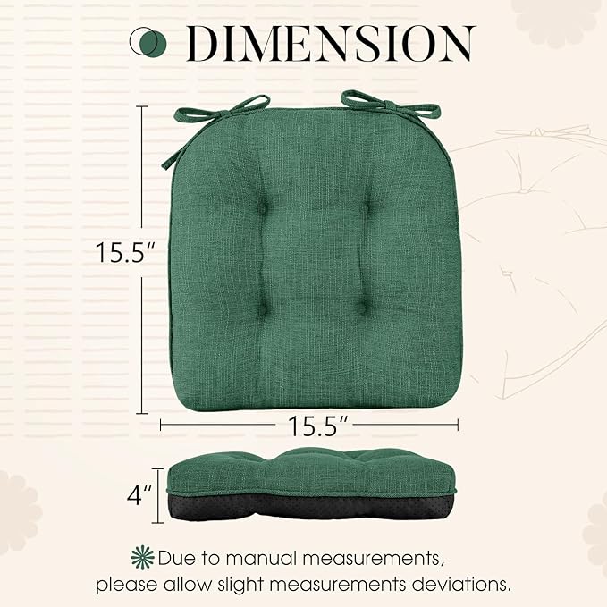 Basic Beyond Chair Cushions for Dining Chairs 6 Pack, Chair Cushion with Ties and Non Slip Backing, 15.5 x 15.5 inches Tufted Chair Pads for Dining Chairs, Forest Green
