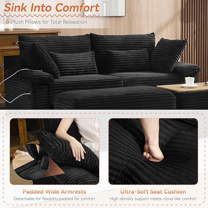 75" Corduroy Loveseat with Storage Ottoman & USB, Cloud Deep Seat Couch with Convertible Ottoman Coffee Table, Double Chaise Lounge for Living Room, Corduroy Black
