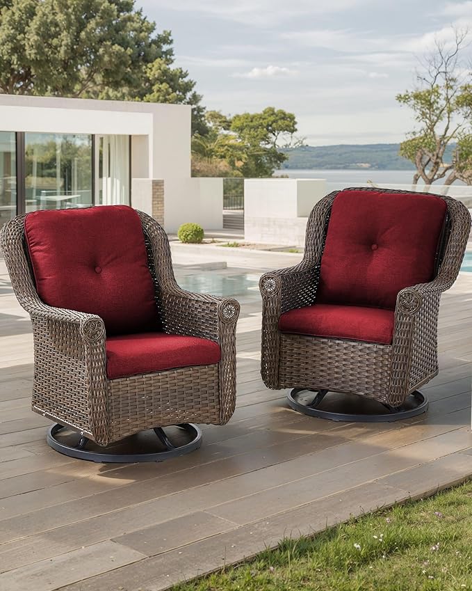 ACTREST Patio Chairs Outdoor Swivel Glider - Set of 2 High Back Outside Brown Wicker Rattan Rocking Chair with Thick Cushion for Porch Apartment Deck Yard Poolside Garden - Red