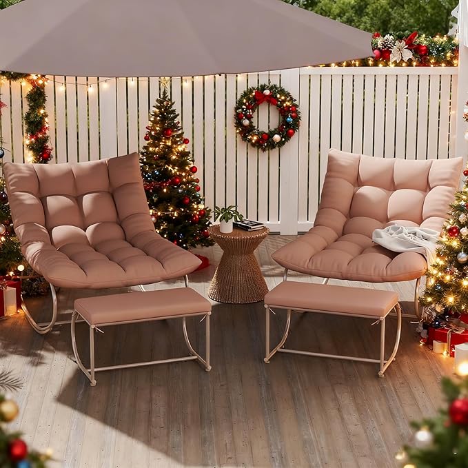 DAYAOUTDOOR Rocking Chair Outdoor Set of 2, Extra Wide Outdoor Chair with Cushion, Patio Rocking Chairs with Ottoman, Patio Papasan Rocking Chairs for Porch, Garden, Lawn, Khaki