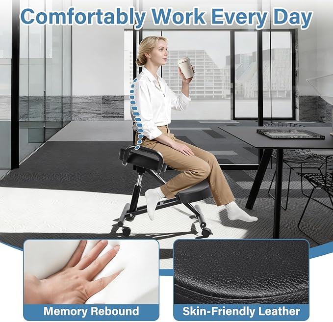 Ergonomic Kneeling Chair Height-Adjustable 22.4-26.3 in Postures Chairs with Lockable Wheels and Armrests Knee Chairs can Hold Up to 220 Lbs Kneeling Ergonomic Chair for Desk Home Meditation,Black