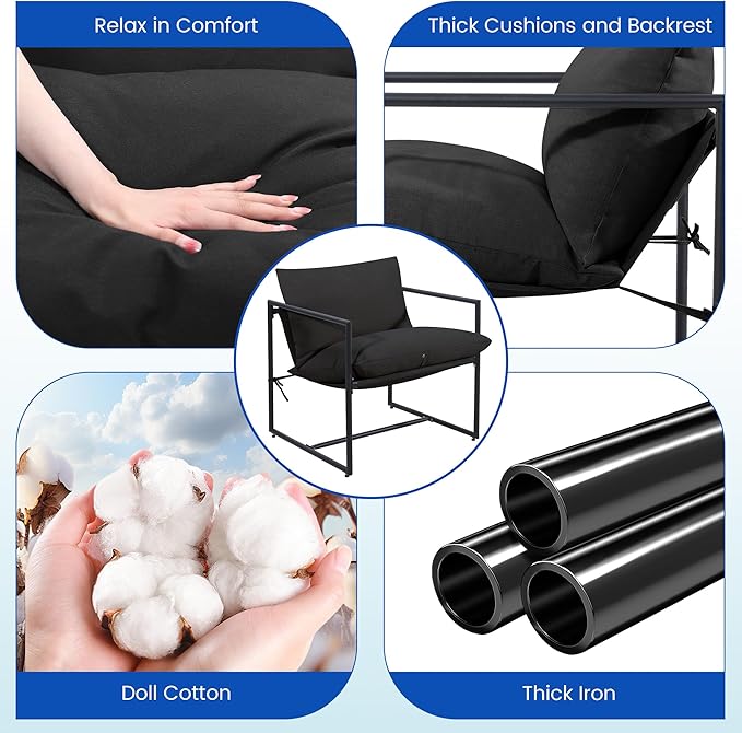 Kromax Sling Accent Chair, Set of 2, Cozy Living Room Chairs, Square Metal Frame, Upholstered Soft Cushion, Sponge, 28" x28“x32, Easy Assembly, Black