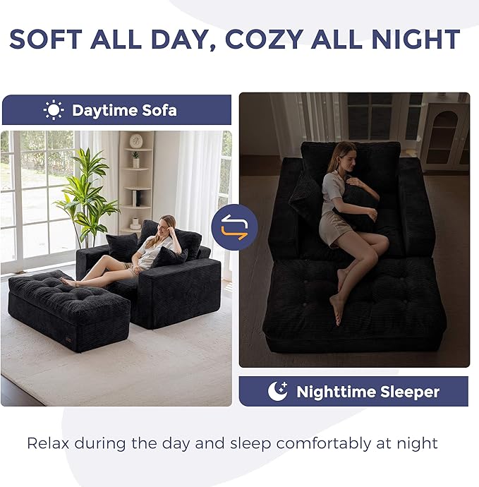 MAXYOYO Oversized Chaise Lounge Sofa, Upholstered Lounge Chair with 3 Pillows, Tufted Boneless Sofa Couch with Ottoman, Deep Seat Sleeper Chair for Living Room, Bedroom, No Assembly, Black