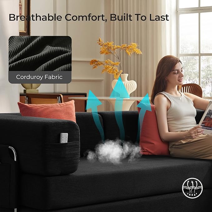 Carzzi-Life 79" Convertible Sofa Bed with Pillows, Corduroy Folding Sleeper Sofa with Fixed-Shape Frame, Boneless Couch for Living Room Bedroom, Floor Sofa Lounge No Assembly Required (Grey)