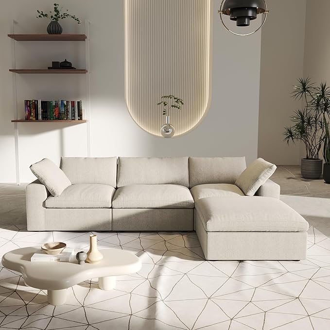L-Shaped Cloud Sectional Couch, Khaki Modular Sectional Sofa, Modern Comfy Cloud Sofa with Storage Ottoman, Covers Removable, Convertible Sleeper Couch for Living Room Apartment (Linen Fabric)