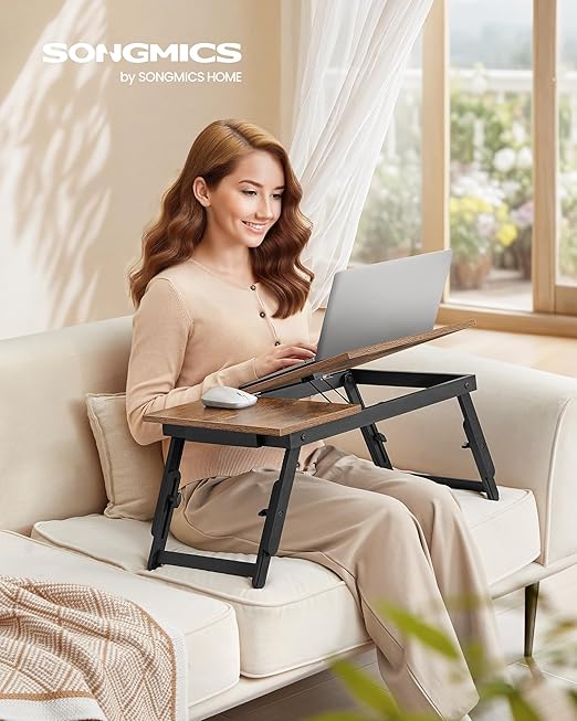 SONGMICS Bed Laptop Desk, Folding Bed Tray for Laptop up to 15.6 Inches, Adjustable Angle and Height, Portable for Working Reading Writing Breakfast, Bamboo Legs, Drawer, Rustic Brown ULLD105B01