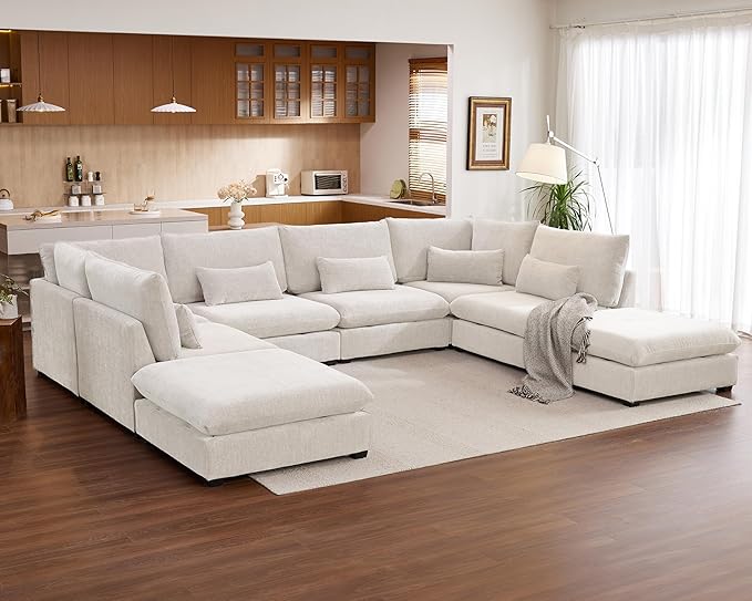 Oversized Modular Sofa, Extra Deep Cloud Chenille Sectional Couch with Ottoman Chaise, Fluffy Chenille 8 Seater Sofa Bed for Living Room, Villa (Sofa Bed 8 Seater, Chenille White)