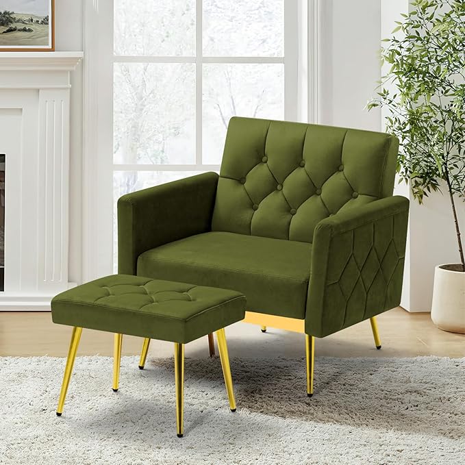 ACMEASE Velvet Accent Chair w/Adjustable Armrests and Backrests, Tufted Single Sofa with Ottoman, Upholstered Reading Chiar for Living Room, Apartment, Bedroom, Olive Green