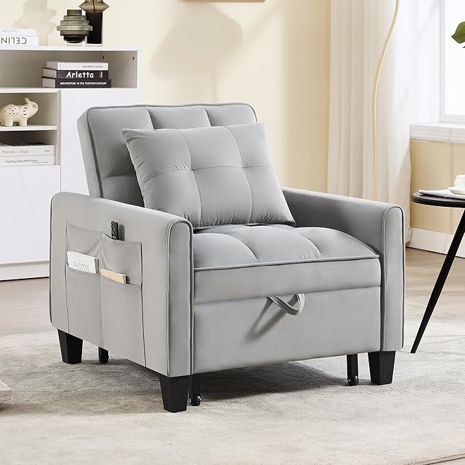 choairy Convertible Sleeper Chair, 3 in 1 Sleeper Chair Bed Pull Out Sofa Bed Chairs, Velvet Single Sofa Beds with Adjustable Backrest for Adults Reading Living Room, Bedroom, Light Grey