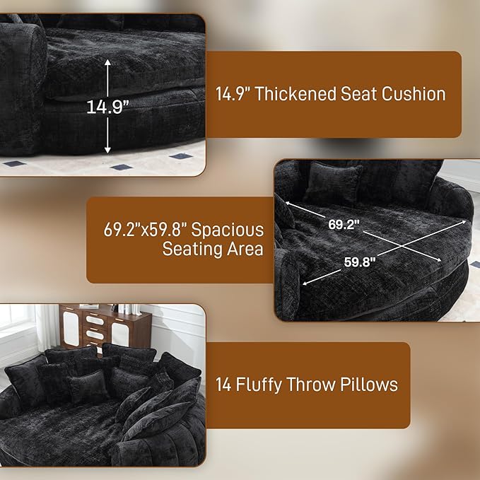 81" Oversized Bean Bag Chair Boneless Round Chaise Lounge Comfy Chenille Reading Chair Fluffy Plush Sofa Bed Large Deep Seat Circle Cloud Couch for Living Room, Bedroom, Apartment, Black